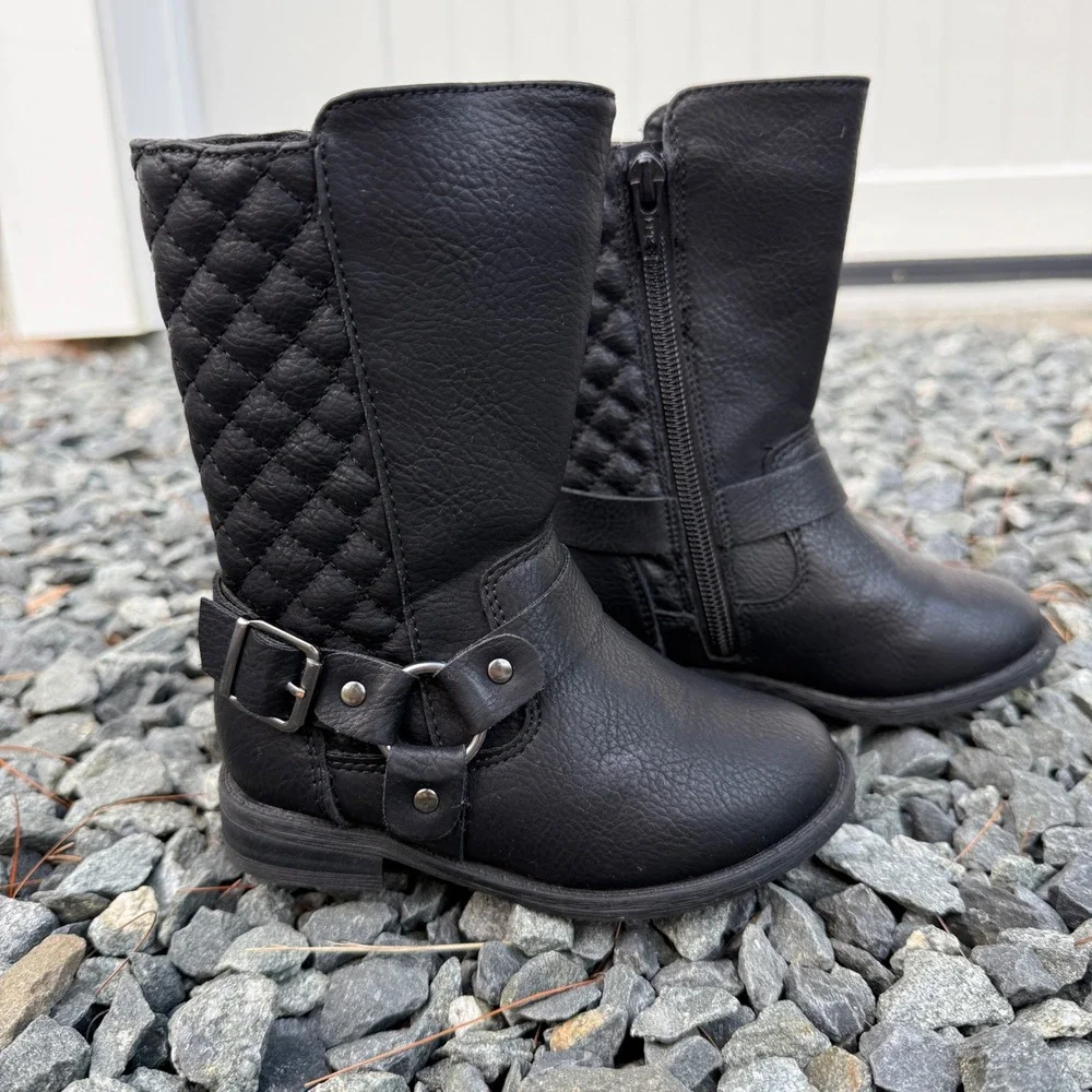 Wonder Nation Toddler Girls Black Quilted Harness Biker Boots Size 7